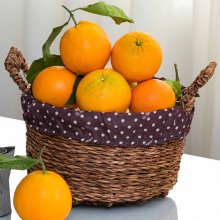 Round fruit basket with two wicker handles, Woodman brand
